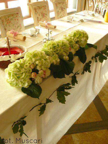 dekoracja stołu pary młodej z hortensji, róż i zieleni