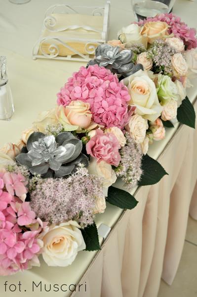 hortensje, róże, sukulenty w dekoracji stołu pary młodej