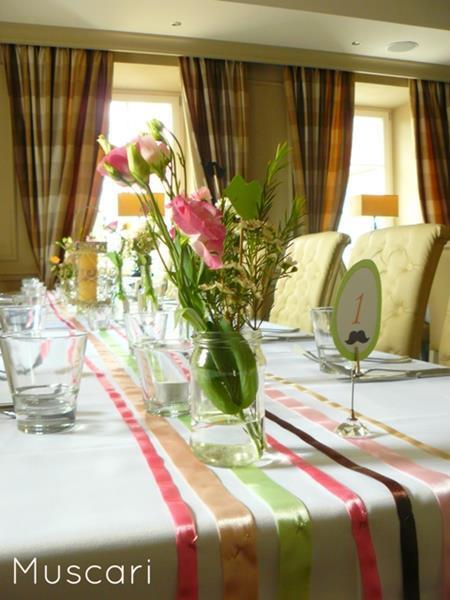 bukiet z pastelowych kwiatów i bieżnik ze wstążek na stole weselnym