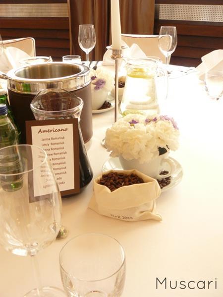 motyw kawy w dekoracji stołu na wesele