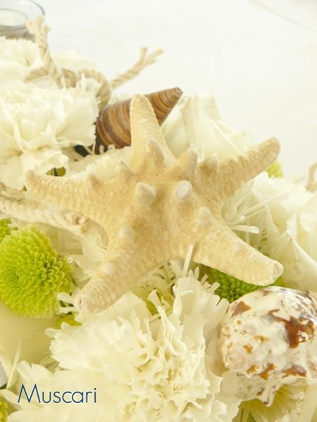 goździki i róże w towarzystwie muszli i rozgwiazd na weselu z motywem morskim