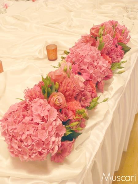 hortensje i róże w kompozycji na stole pary młodej