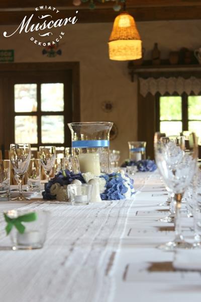 niebiesko-zielona dekoracja stołów na wesele