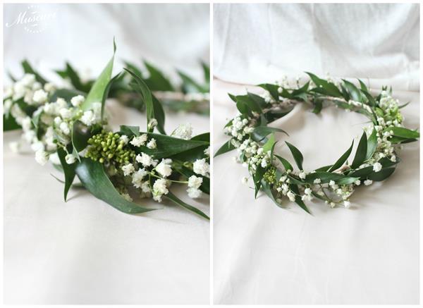 kwiaty i zielone liście w wianku na ślub i wesele